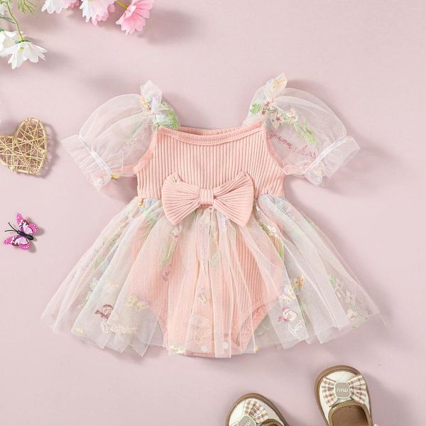 Mädchenkleider Sommerprinzessin Baby Kurzer Puffärmel Bodysuit Geborene Bogen vorne Ripper Strampler Tüllkleid Kleinkind Mesh süße Bodysuiten