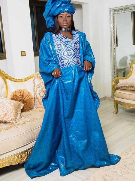 Roupas étnicas novas mulheres africanas bazin riche vestidos com lenço de cabeça bordado pedra nigeriana tradicional festa de casamento da bacia Dashiki Robe D240419