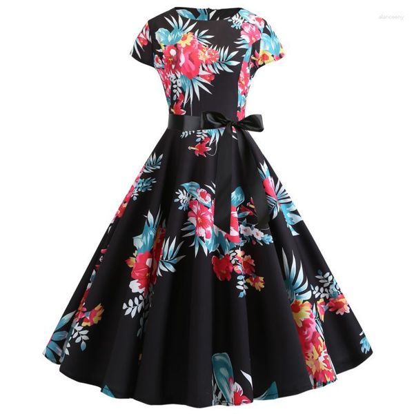 Lässige Kleider Frauen Sommer Mode Amazon Retro Hepburn Style Print großer Swing -Kleidergürtel