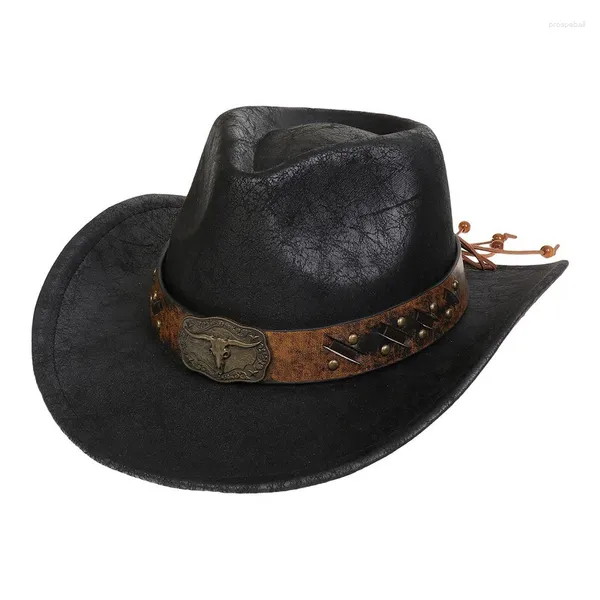 Berets Cowboy Hat для мужчин потрескавшиеся кожаные рисунки ретро западные широкие кольцо вечеринки туристические костюмы аксессуары