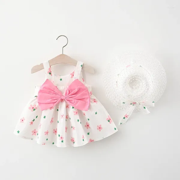 Mädchenkleider 2 Piece Sets Sommer -Outfit Baby Kostüm Kleinkind Koreanische Blumen Prinzessin Beach Kleid Sunhat Born Kleidung