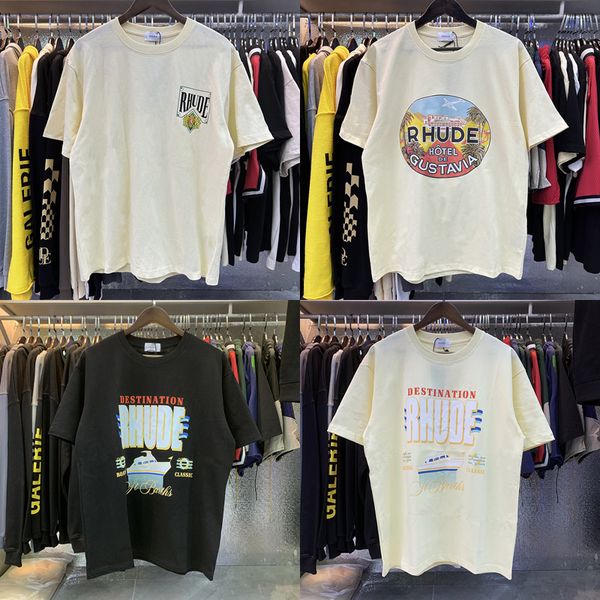 Rhude Tees Gustavia Hotel Printed Высококачественный 230 г двойной хлопок повседневная футболка с коротким рукавом Rhude Men's Women's