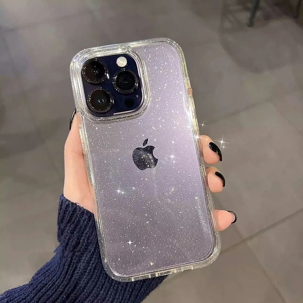 İPhone 15 14 için lüks yumuşak silikon açık parıltılı telefon kasası 13 12 11 Pro XS XR MAX Şok geçirmez Parlak Kapak Funda