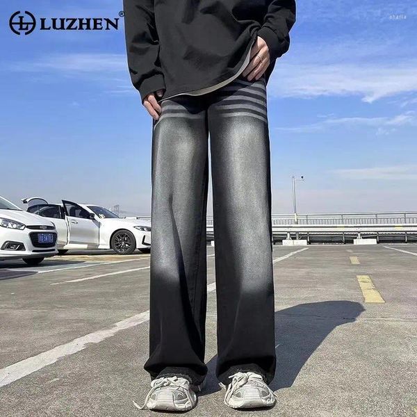 Jeans masculinos Luzhen Stripe Padrão Design lavado calças de jeans soltas 2024 Original eleglomish Handsome street coreano Homens reto lz2821