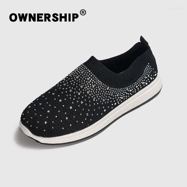 Fitness Shoes Woman Vulcanized feminina Crystal 2024 Ladies Elastic Band Slip On Flats Mulheres calçadas respiráveis PLUS