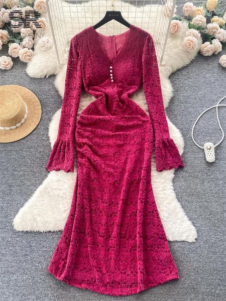 Vestidos casuais Sirreiny Lace Autumn Winter Party Dress Women Women Elegant V Neck Flare Sleeve Solid Fashion Ladies Chic Maxi