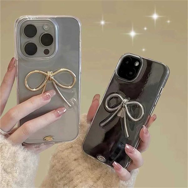 Casos de telefone celular elegante 3D Big Metal Bowknot Telefone para iPhone 15 14 13 12 Promax 11 simples e epóxi Clear Clear Clear Chear Chela para Gift Shell J240418