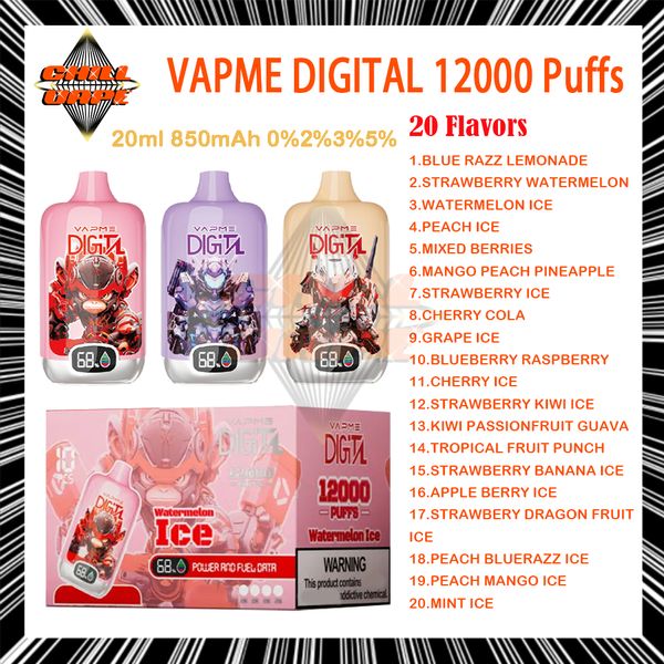 VAPME ORIGINALE Digital 12000 sbuffi e sigarette usa e getta in rete da 20 ml da 20 ml di 850 mAh Sfuggini batteria ricaricabile 12k 0% 2% 3% 5% colori vaporizzatori kit