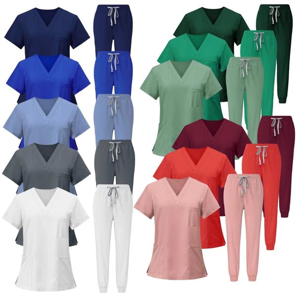 Çok renkli güzellik uzmanı laboratuvar kıyafeti düz renk güzellik salonu hemşirelik üniformaları evcil klinik ovma iş kıyafetleri toptan 240418