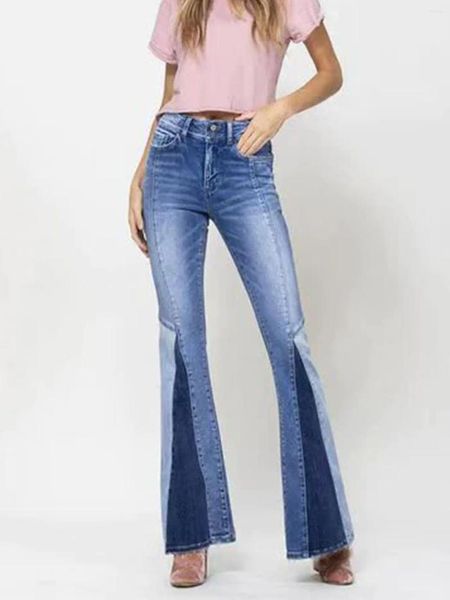 Jeans feminino Último outono Bohemian Flare Contraste Color Larra de campainha de pernas largas