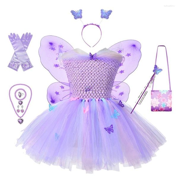Vestidos de menina garotas chiques de borboleta roxa malha tutu princesa tulle vestido carnaval halloween fada up traje para crianças 2-10t