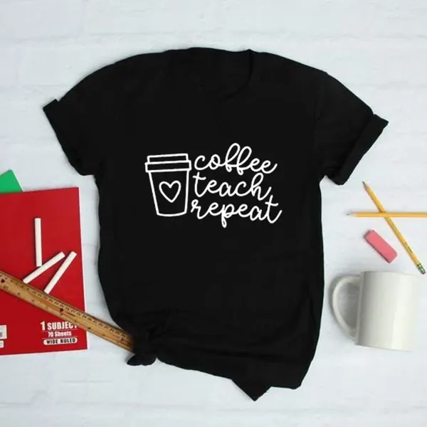 Женские футболки с футболками кофе Учить повторить печатный футболка с коротким рукавом Harajuku графические футболки Женщины O-образная рубашка Camisetas Mujer