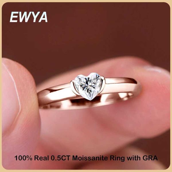 Anéis de casamento Ewya Trendy D Cor 0,5ct 5mm Corto do coração Anel de noivado de moissanita para mulheres S925 Prazado de prata 18k Rose Rose Diamond Rings Band 240419