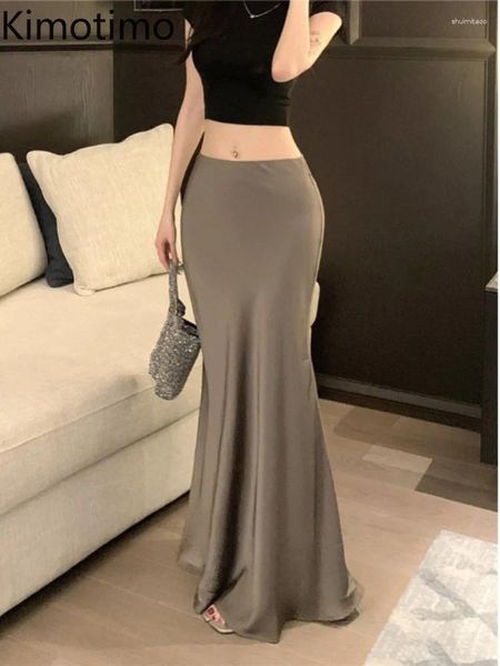 SAIRS KIMOTIMO Estilo coreano Simples Setin Fishtail Women Summer High Slim Fit All Match Solid Party Long Skirt elegante