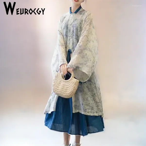 Vestidos de trabalho Ming System Hanfu feminino 2024 Primavera e verão de colarinho de stand-up Top Long Style Chinês Conjunto diário de três peças