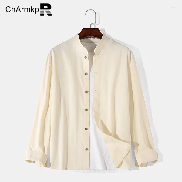 Camisas casuais masculinas charmkpr 2024 primavera no verão masculino camisa de manga comprida estilo chinês colarinho algodão roupas sólidas