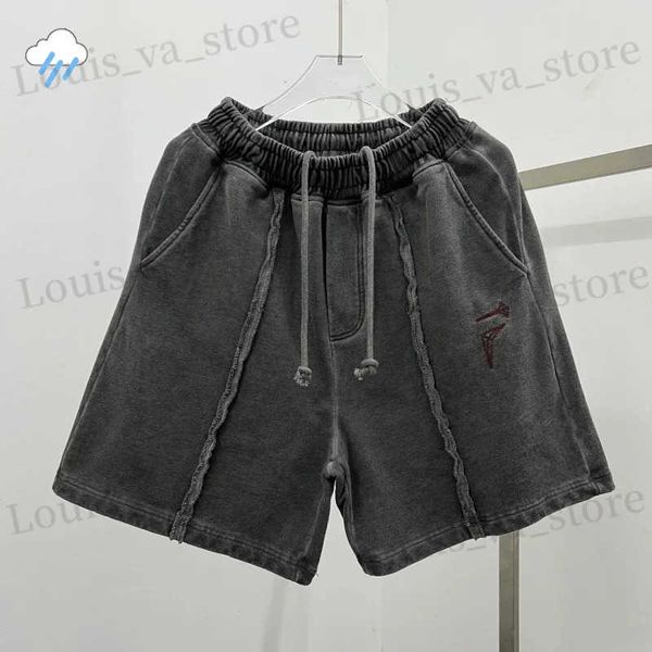 Shorts masculinos vintage lavados cinza hip hop clássico bordado thug shorts homens homens de alta qualidade jogador de tração de cordas emendado Brches T240419