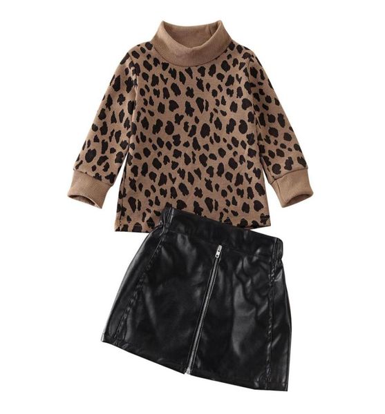 2pcs Maddler Kids Baby Girl одежда набор 15y леопардовый припечаток. Пуловые топы Свитер Кожаные мини -юбки Кожаный наряд юбок Y20083128506103424