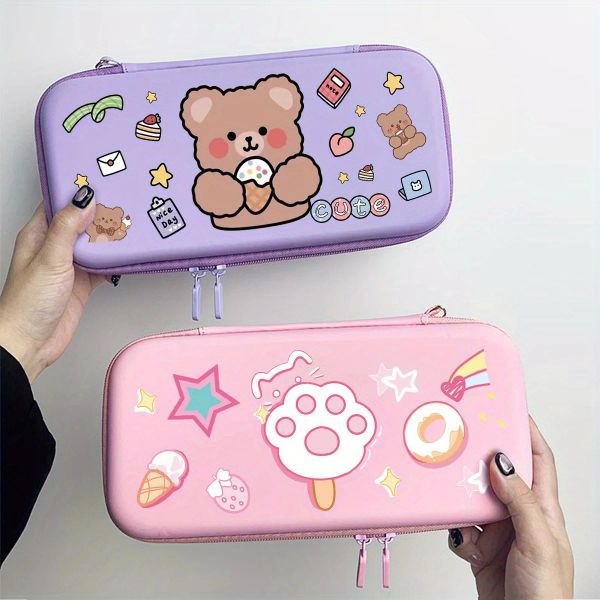 Koffer Purple Pink Cute Little Bear Nintendo Switch tragbarer Reisetasche mit Mesh Pocket Game Console Hard Shell Storage Bag