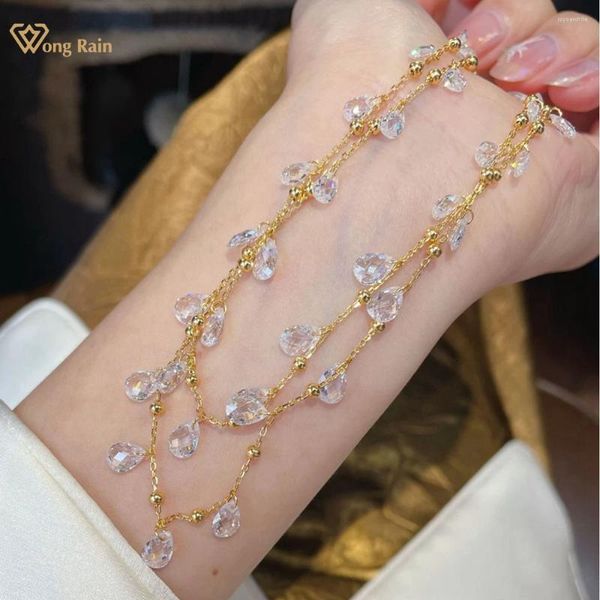 Цепи Wong Rain 18k Gold Plated 925 Серебряный серебряный игристый лабораторный лабораторный сапфир Gemstone Double Decklace для женщин -ювелирных украшений Оптовые