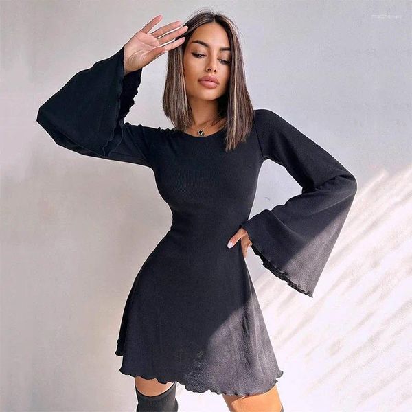 Abiti casual sexy Nightclub Mini Short Party Dress Women Back Bandage O Neck A Line Fleaves Autunno Vestidos Ladies Fall Axe