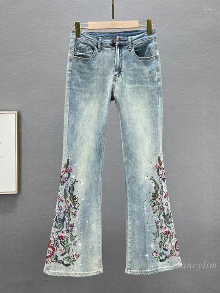 Frauen Jeans ethnischer Stil Denim Bootcut Hosen Frühling Sommer hoher Taille Schlanker Fit Stickstimat Strasshosen Mode Mode