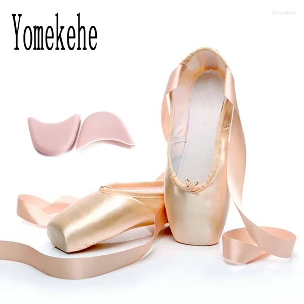 Sapatos de dança Pointe Ballet Cetin Upper com fita garotas femininas cor -de -rosa dança de dedos de dedos