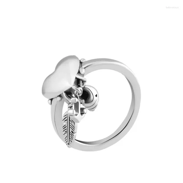 Clusterringe hängende Federpfeilschale spirituelle Symbole für Frauen 925 Sterling Silber Schmuck weibliche Ringherzform