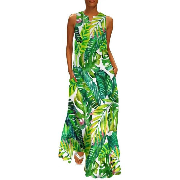 Temel gündelik elbiseler muz yaprakları basılı elbise tropikal palmiye parti maxi elbise estetik bohemya uzun elbiseler kadın kolsuz baskı büyük boy vestido 240419