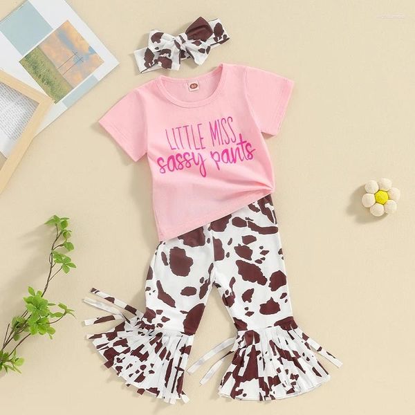 Roupas conjuntos de 3pcs criança bebê menina menina roupas de verão de manga curta Little Miss Sassy Pants Print Tshirt Tops Tassels de vaca Tassels