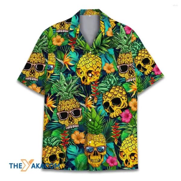 Camicie casual maschile ananas cranio hawaiano per uomini divertenti camicia tropicale di Halloween abbottimi donne
