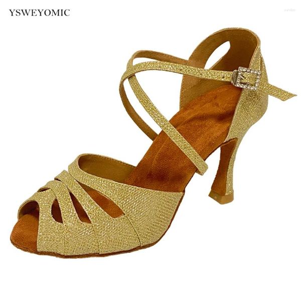 Sapatos de dança YSWEYOMICE Gold Glitter Soft Sury Suede Couro Salto Cubano 4 polegadas 3,5 polegadas Saltos diferentes Customizados Latim