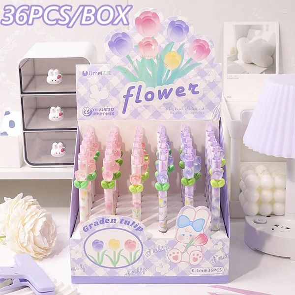 36pcs/caixa kawaii acrílico tulipa flor 0,5 mm preto gel de tinta caneta estudante escolar escreva suprimentos de papelaria por atacado por atacado