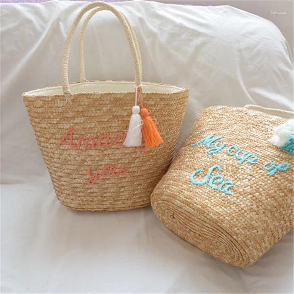 Bolsas de ombro de ombro casual Tassel Straw Rattan Women Bolsa de vime Tecido de grande capacidade Totes bolsas de praia de verão