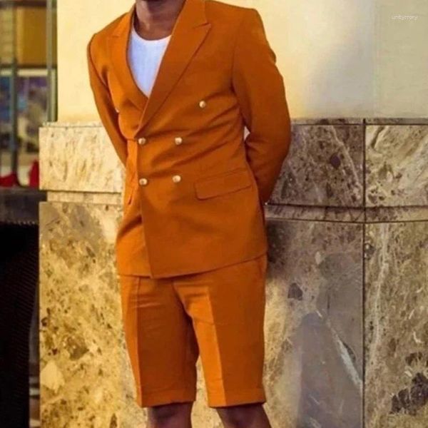 Ternos masculinos linho de verão laranja laranja dupla de peito elegante homem casual slim fit blazers de alta qualidade personalizada jaqueta de 2 peças calça curta calça