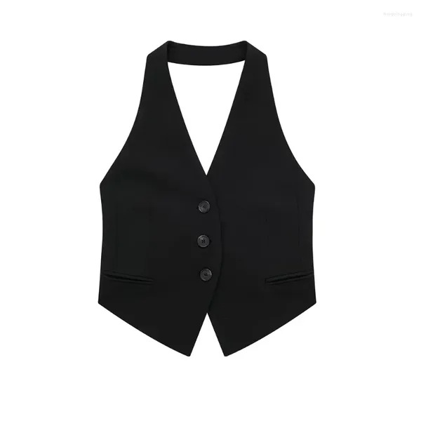 Frauenwesten Fashion Weste Frauen Weste lässige Rückenless Halter Hals Sexy ärmellose Button-up weibliche Oberbekleidung Chic Tops