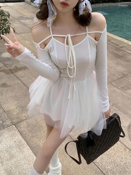 Lässige Kleider Sommer weißer Gaze Ballkleid Frauen Kleider passen alle süße modische Mody Mody Hollow -out Verband von Schulter Vestido de Mujer