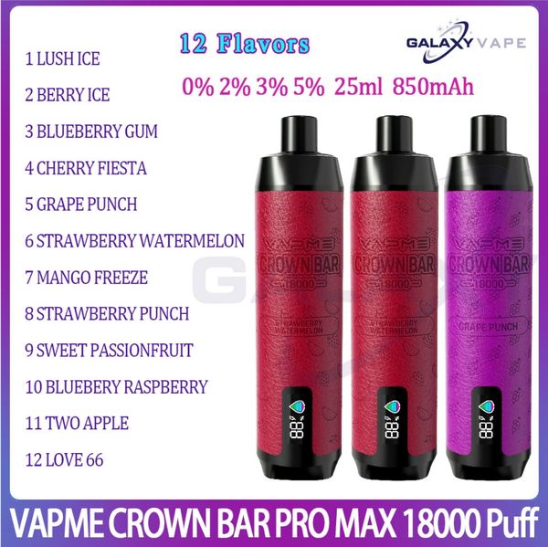 Original VapMe Crown Bar Pro Max 18000 Puff Disponível Vape 12 Sabores 850mAh Bateria recarregável E Pufos de cigarro 18k 25ml de malha de malha de vagem kit