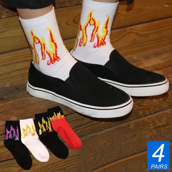 Calzini da uomo 8pcs 4pairs Funny Flame Cotton Men Personality Street Mid Tube Skateboarding Sports hip-hop Sports