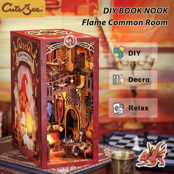 3d Puzzles Bookbee Book Nook Doll House 3D Puzzle com Touch Light Dust Capa Magic Presente Idéias de estante de livros Inserir presentes de brinquedo Flame Sala Common 240419