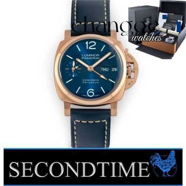 Top Watch Luxury Watches Men's Watchpenerei luminous Mari n Um calendário permanente 44mm 18k Rose Gold Blue Dial Pam742