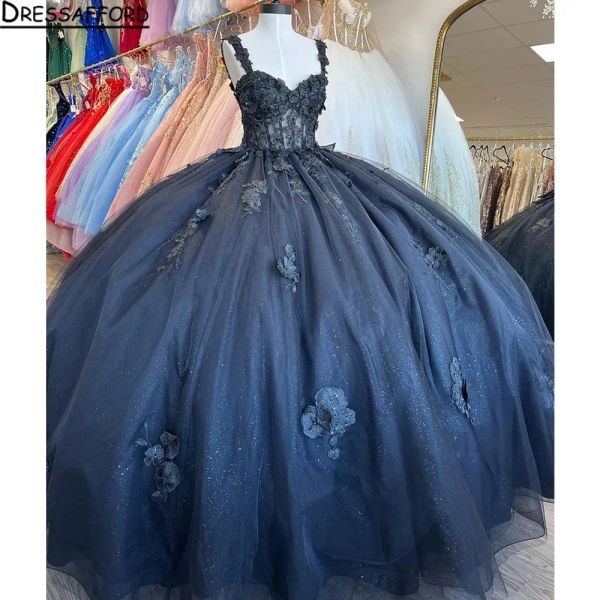 Marineblau Quinceanera Kleider für 16 Mädchen V-Ausschnitt von Schultergold Applizes Perlen Prinzessin Ballkleider Geburtstag Prom Kleid Vestidos de