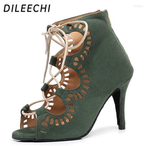 Sapatos de dança Dileechi Latin Women Velvet Green Straps Salsa Salsa Balão de dança Botas de salto alto Thin 8,5 cm Soft Out Sole