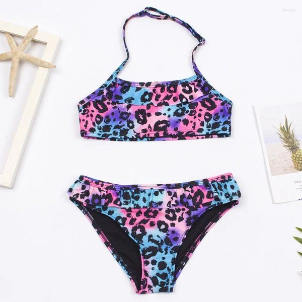 Frauen Badebekleidung 7-14 Jahre Falbala Leopard Print Girls Kinder Badeanzug 2024 Kinder Sommer Bikinis Set Kinder Halfter Biquini Schwimmanzug