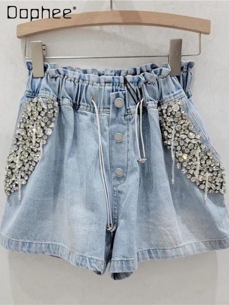 Shorts femininos verão pesado setor de diamante de diamante de alta cintura emagrecedas largas denim mulheres elásticas ruins casuais