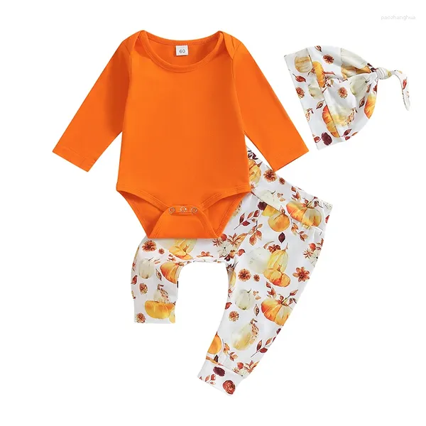 Roupas de roupas Pudcoco Infant Baby Girl menino Roupas de Halloween Roupas Sólidas Manga Longa Romper Pontas de Pumpa Pontas Hat 3pcs