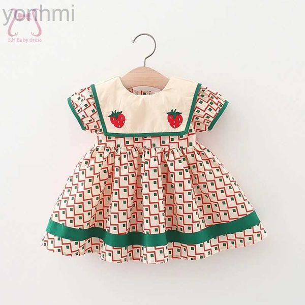 Abiti da ragazza Abiti per bambini estivi semplici per bambini a quadri abiti corti maniche per bambini collare blu scuro da 0 a 3 anni costume da bambino D240423