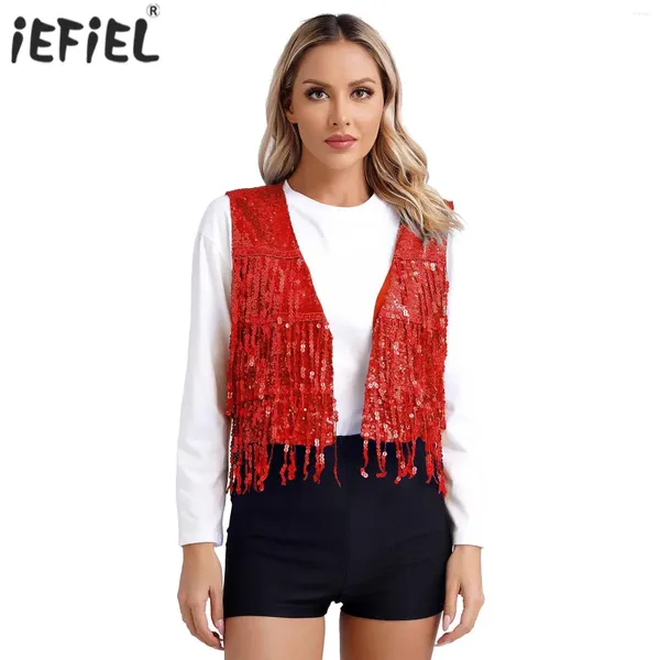 Coletes femininos feminino lantejous de dança colorir com tassel sem mangas glitter coletcoat allover v pesco