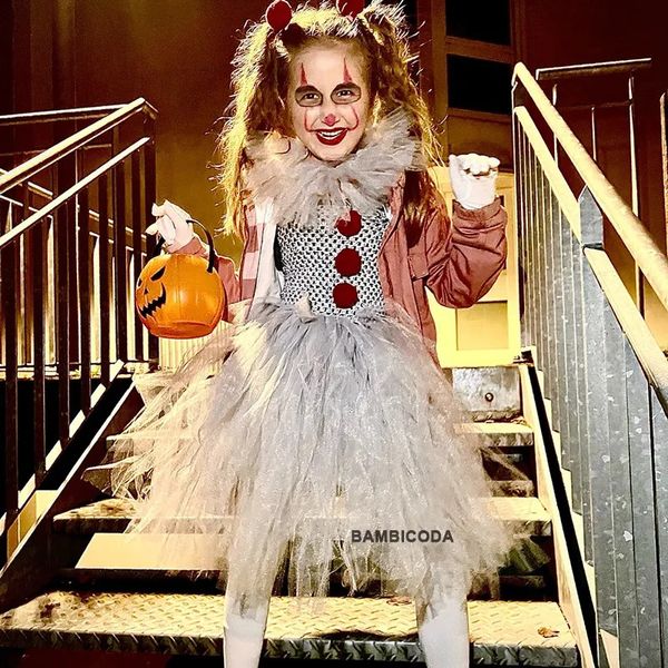 Серый клоун папе платье для девочек карнавальная девочка Joker Cosplay Tule наряд детская вечеринка Страшная одежда Костюм Хэллоуин для детей 240407