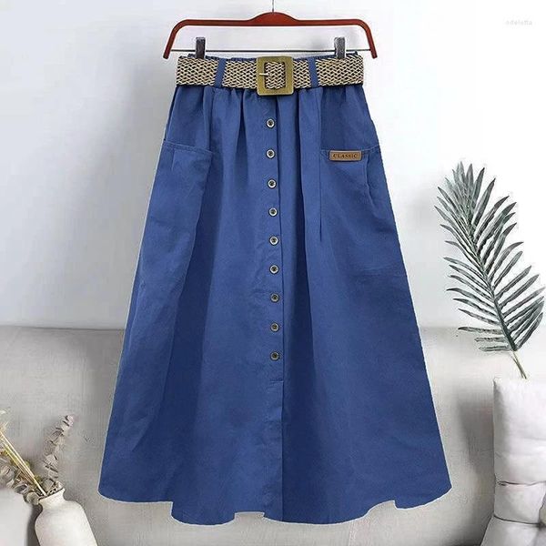 Gonne Summer Cotton ombrello Skirt Women Women Fashion High Belt High Belve Single A-Line Solid Color Basic Midi Long